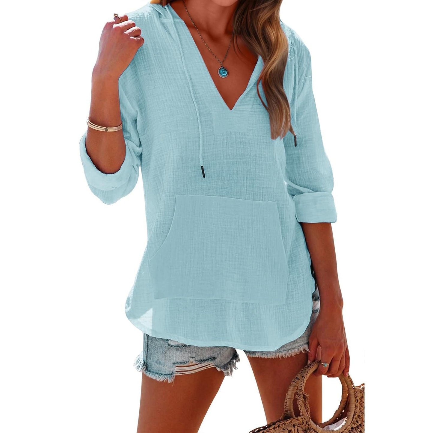 🔥 50% RABATT | Damen Oversize Kapuzenbluse 🩱 Luftig lässig mit Kängurutasche für Strand & Alltag