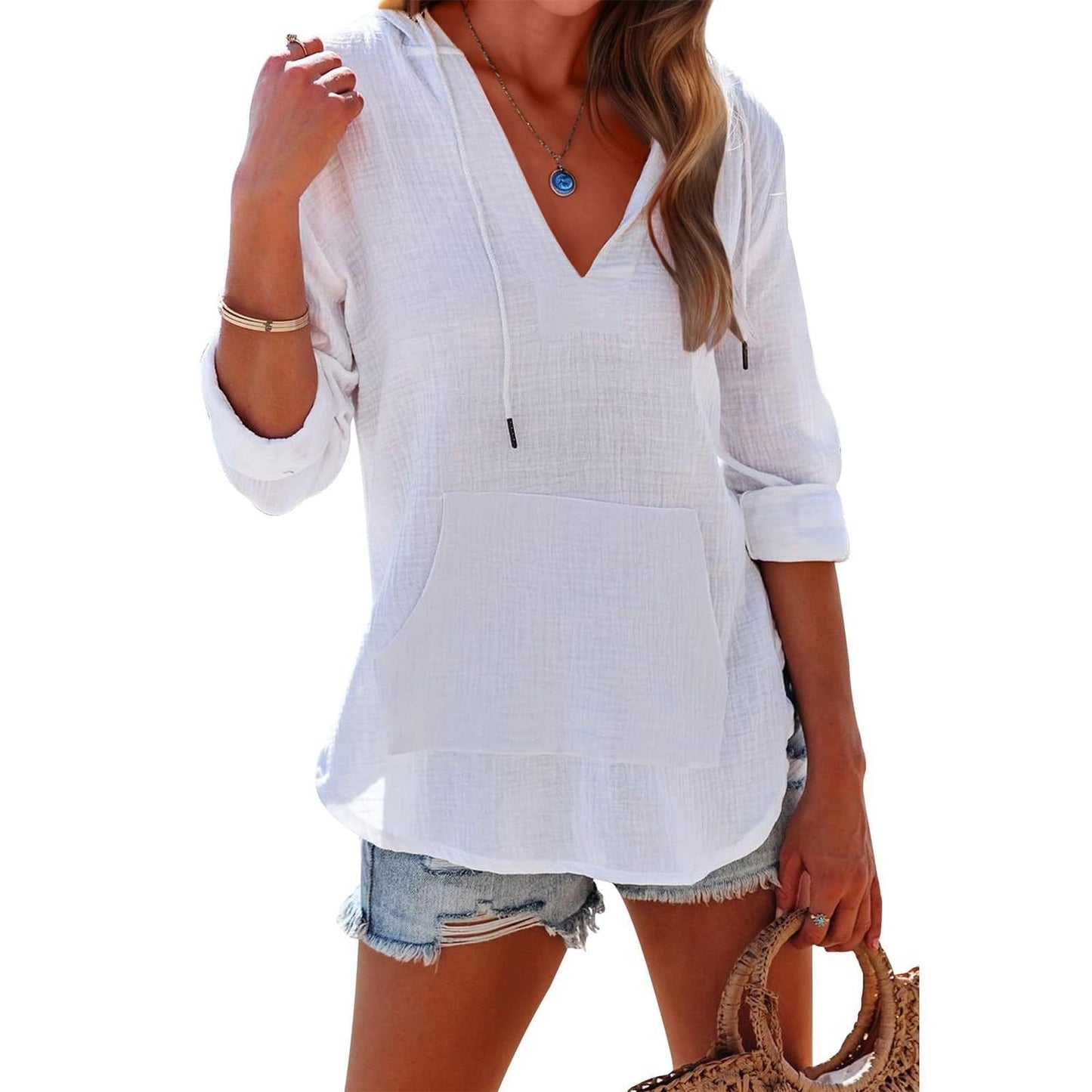 🔥 50% RABATT | Damen Oversize Kapuzenbluse 🩱 Luftig lässig mit Kängurutasche für Strand & Alltag