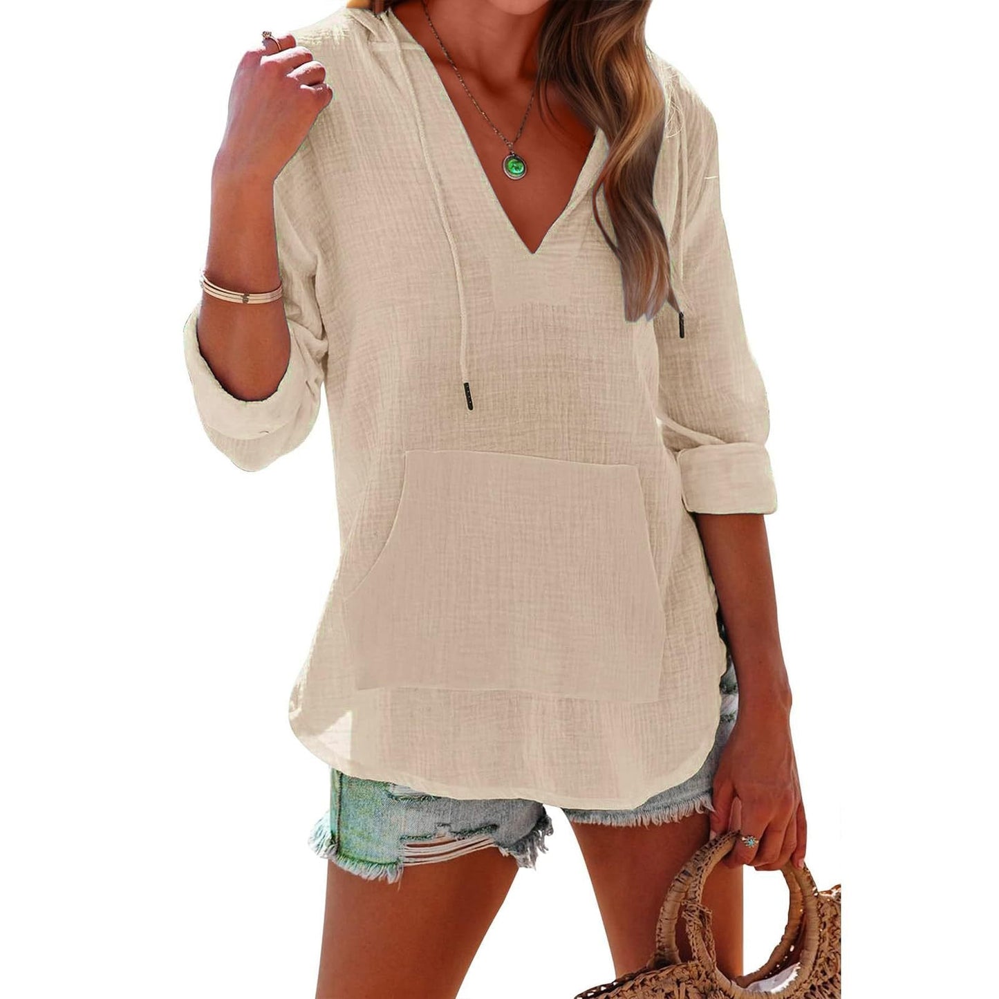 🔥 50% RABATT | Damen Oversize Kapuzenbluse 🩱 Luftig lässig mit Kängurutasche für Strand & Alltag