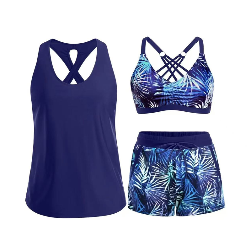 🌊 50 % RABATT FÜR BEGRENZTE ZEIT! 👙 Plus Size 3-teiliges Badeset – Tankini Top, Neckholder Bikini & Palmenprint Badeshorts, figurfreundlich für Strand & Pool
