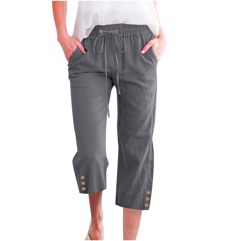 Damen Uni Kordelzug Baumwoll-Leinen Caprihose