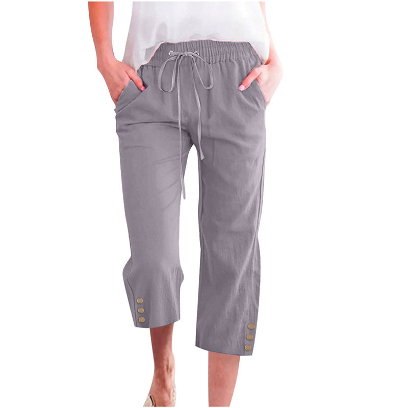 Damen Uni Kordelzug Baumwoll-Leinen Caprihose