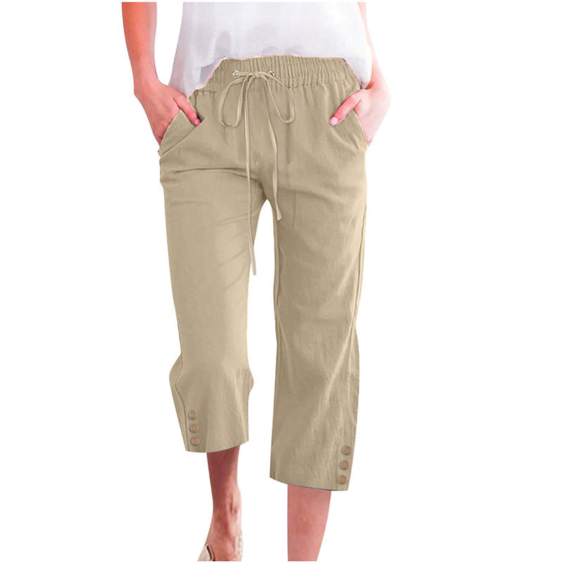 Damen Uni Kordelzug Baumwoll-Leinen Caprihose