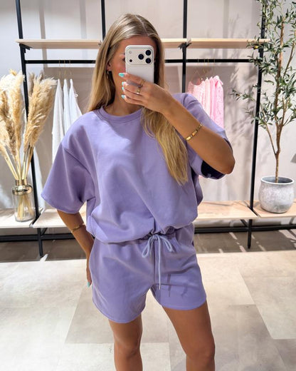 ✈️Kostenloser Versand💜 NUR KURZE ZEIT 50 % RABATT! 👖 Damen Lounge Zweiteiler – Oversize Kurzarm Top + Shorts mit Kordelbund, tiefe Taschen, super weich für Zuhause & Alltag