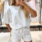 ✈️Kostenloser Versand💜 NUR KURZE ZEIT 50 % RABATT! 👖 Damen Lounge Zweiteiler – Oversize Kurzarm Top + Shorts mit Kordelbund, tiefe Taschen, super weich für Zuhause & Alltag