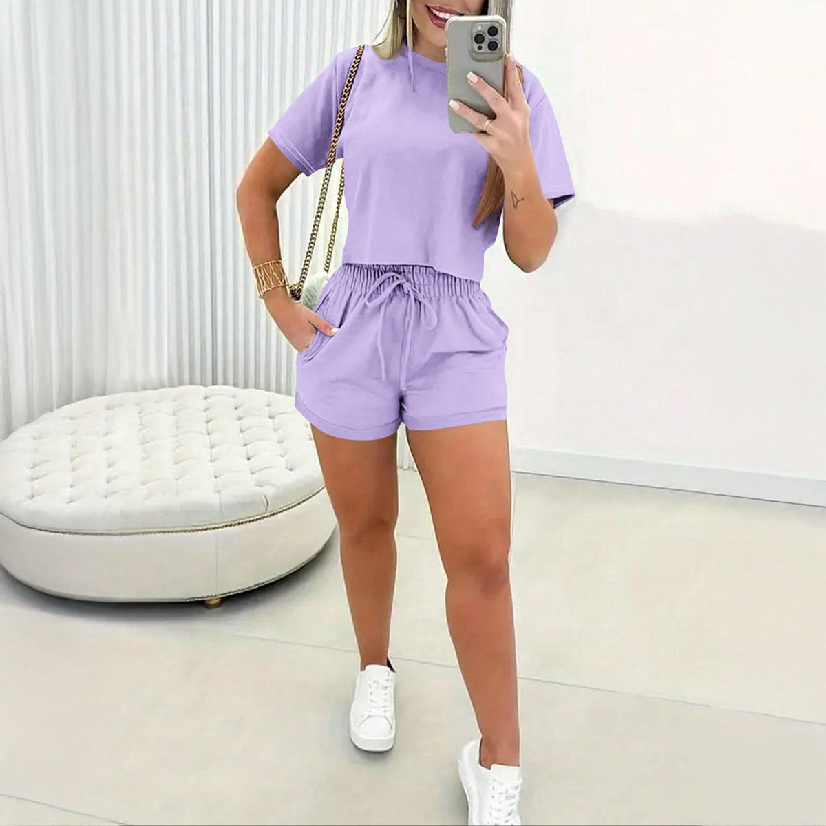 ✈️Kostenloser Versand💜 NUR KURZE ZEIT 50 % RABATT! 👖 Damen Lounge Zweiteiler – Oversize Kurzarm Top + Shorts mit Kordelbund, tiefe Taschen, super weich für Zuhause & Alltag