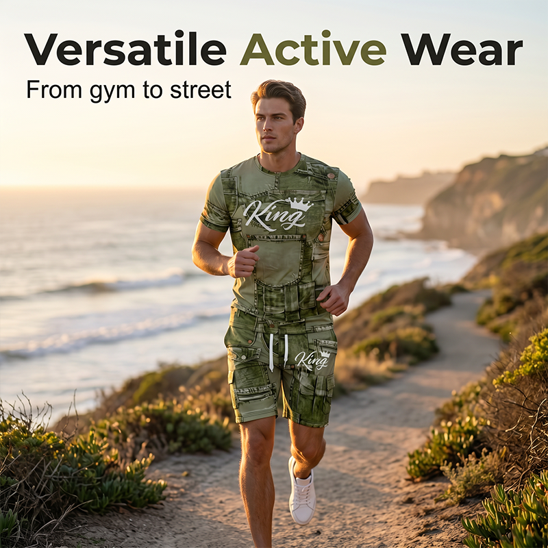 🔥 NUR SOLANGE DER VORRAT REICHT – 50% RABATT! 🎉 Herren Sportset mit Kunstdenim Print – Kurzarm T-Shirt + Cargo Shorts, elastischer Stoff für Fitness, Laufen & Alltag