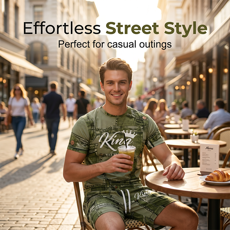 🔥 NUR SOLANGE DER VORRAT REICHT – 50% RABATT! 🎉 Herren Sportset mit Kunstdenim Print – Kurzarm T-Shirt + Cargo Shorts, elastischer Stoff für Fitness, Laufen & Alltag