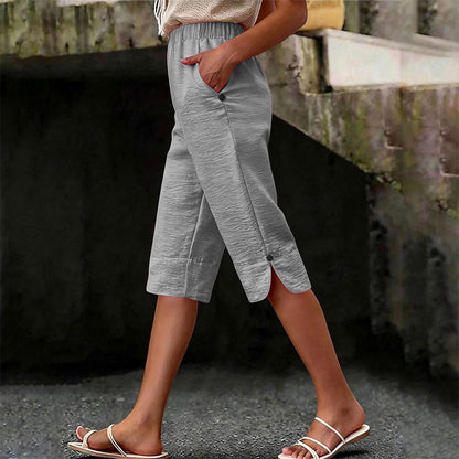 🌿 50 % RABATT FÜR BEGRENZTE ZEIT! 👖 Damen Leinenmix Caprihose mit Gummibund – Luftig atmungsaktiv, Seitentaschen & Knopfdetaill am Saum für Sommer, Urlaub & Alltag