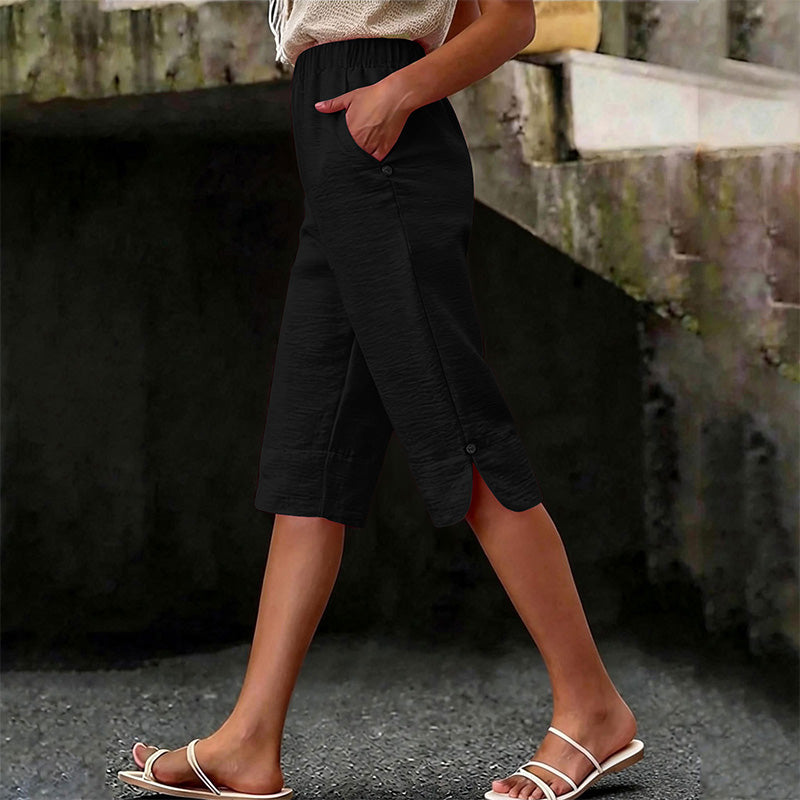 🌿 50 % RABATT FÜR BEGRENZTE ZEIT! 👖 Damen Leinenmix Caprihose mit Gummibund – Luftig atmungsaktiv, Seitentaschen & Knopfdetaill am Saum für Sommer, Urlaub & Alltag