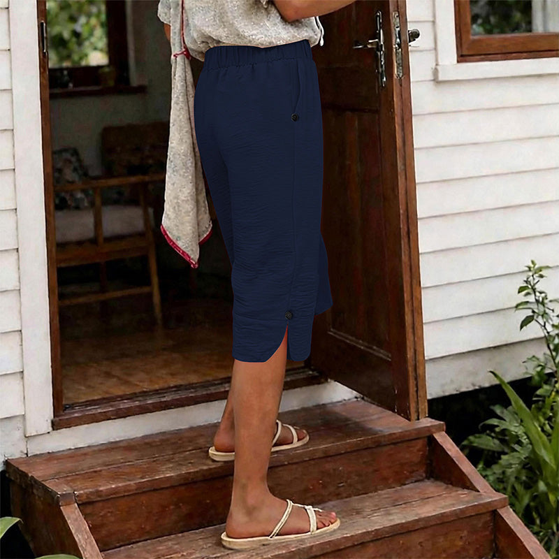 🌿 50 % RABATT FÜR BEGRENZTE ZEIT! 👖 Damen Leinenmix Caprihose mit Gummibund – Luftig atmungsaktiv, Seitentaschen & Knopfdetaill am Saum für Sommer, Urlaub & Alltag
