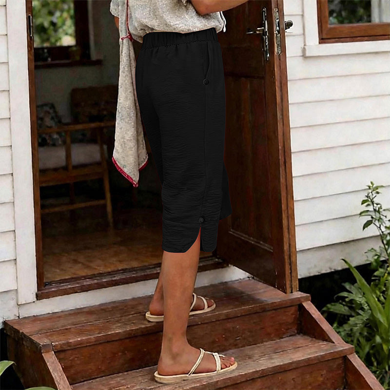 🌿 50 % RABATT FÜR BEGRENZTE ZEIT! 👖 Damen Leinenmix Caprihose mit Gummibund – Luftig atmungsaktiv, Seitentaschen & Knopfdetaill am Saum für Sommer, Urlaub & Alltag