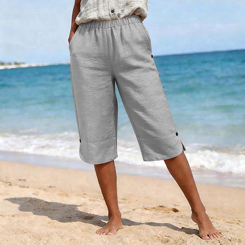 🌿 50 % RABATT FÜR BEGRENZTE ZEIT! 👖 Damen Leinenmix Caprihose mit Gummibund – Luftig atmungsaktiv, Seitentaschen & Knopfdetaill am Saum für Sommer, Urlaub & Alltag