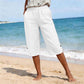 🌿 50 % RABATT FÜR BEGRENZTE ZEIT! 👖 Damen Leinenmix Caprihose mit Gummibund – Luftig atmungsaktiv, Seitentaschen & Knopfdetaill am Saum für Sommer, Urlaub & Alltag