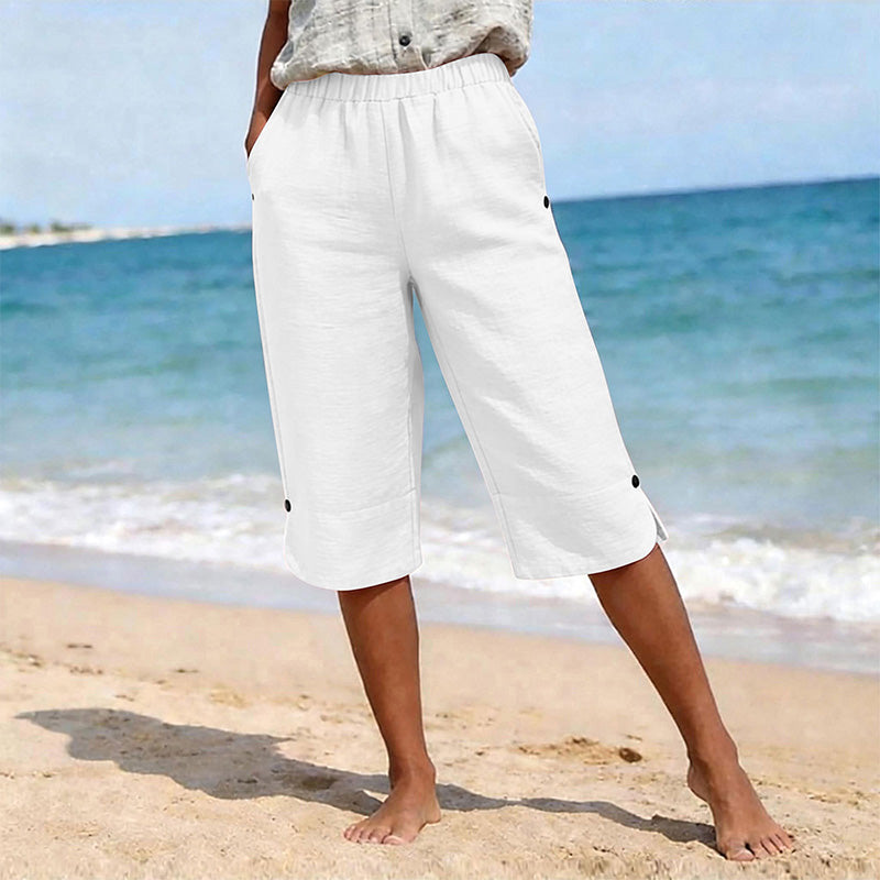 🌿 50 % RABATT FÜR BEGRENZTE ZEIT! 👖 Damen Leinenmix Caprihose mit Gummibund – Luftig atmungsaktiv, Seitentaschen & Knopfdetaill am Saum für Sommer, Urlaub & Alltag