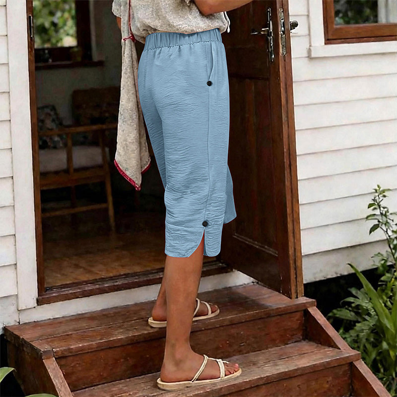 🌿 50 % RABATT FÜR BEGRENZTE ZEIT! 👖 Damen Leinenmix Caprihose mit Gummibund – Luftig atmungsaktiv, Seitentaschen & Knopfdetaill am Saum für Sommer, Urlaub & Alltag