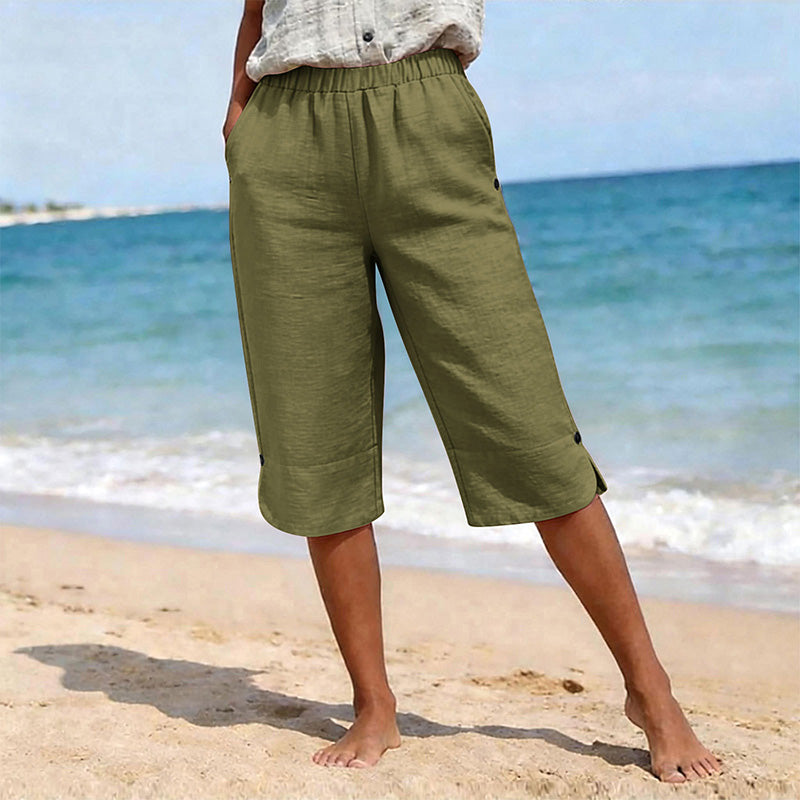 🌿 50 % RABATT FÜR BEGRENZTE ZEIT! 👖 Damen Leinenmix Caprihose mit Gummibund – Luftig atmungsaktiv, Seitentaschen & Knopfdetaill am Saum für Sommer, Urlaub & Alltag