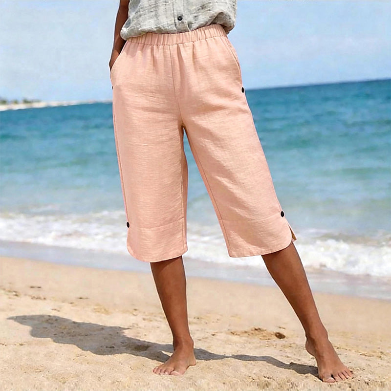 🌿 50 % RABATT FÜR BEGRENZTE ZEIT! 👖 Damen Leinenmix Caprihose mit Gummibund – Luftig atmungsaktiv, Seitentaschen & Knopfdetaill am Saum für Sommer, Urlaub & Alltag