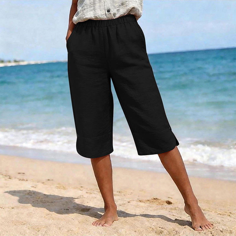 🌿 50 % RABATT FÜR BEGRENZTE ZEIT! 👖 Damen Leinenmix Caprihose mit Gummibund – Luftig atmungsaktiv, Seitentaschen & Knopfdetaill am Saum für Sommer, Urlaub & Alltag
