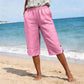 🌿 50 % RABATT FÜR BEGRENZTE ZEIT! 👖 Damen Leinenmix Caprihose mit Gummibund – Luftig atmungsaktiv, Seitentaschen & Knopfdetaill am Saum für Sommer, Urlaub & Alltag