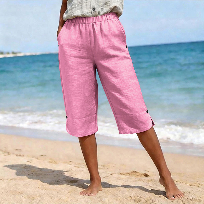 🌿 50 % RABATT FÜR BEGRENZTE ZEIT! 👖 Damen Leinenmix Caprihose mit Gummibund – Luftig atmungsaktiv, Seitentaschen & Knopfdetaill am Saum für Sommer, Urlaub & Alltag