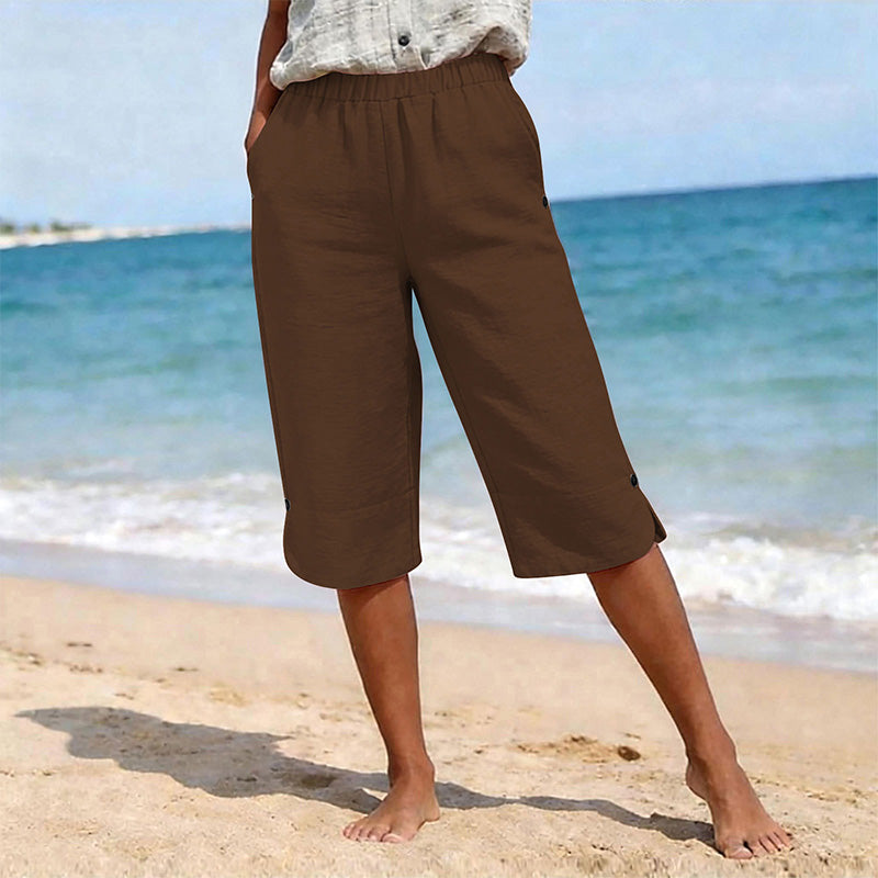 🌿 50 % RABATT FÜR BEGRENZTE ZEIT! 👖 Damen Leinenmix Caprihose mit Gummibund – Luftig atmungsaktiv, Seitentaschen & Knopfdetaill am Saum für Sommer, Urlaub & Alltag