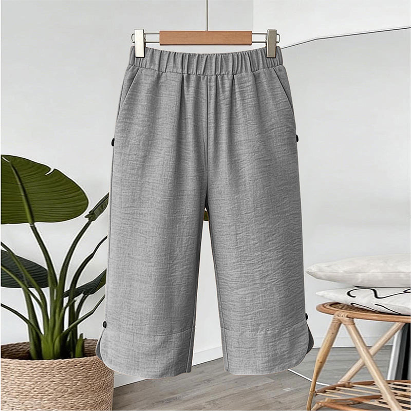 🌿 50 % RABATT FÜR BEGRENZTE ZEIT! 👖 Damen Leinenmix Caprihose mit Gummibund – Luftig atmungsaktiv, Seitentaschen & Knopfdetaill am Saum für Sommer, Urlaub & Alltag