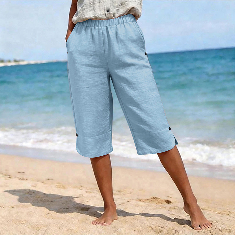 🌿 50 % RABATT FÜR BEGRENZTE ZEIT! 👖 Damen Leinenmix Caprihose mit Gummibund – Luftig atmungsaktiv, Seitentaschen & Knopfdetaill am Saum für Sommer, Urlaub & Alltag
