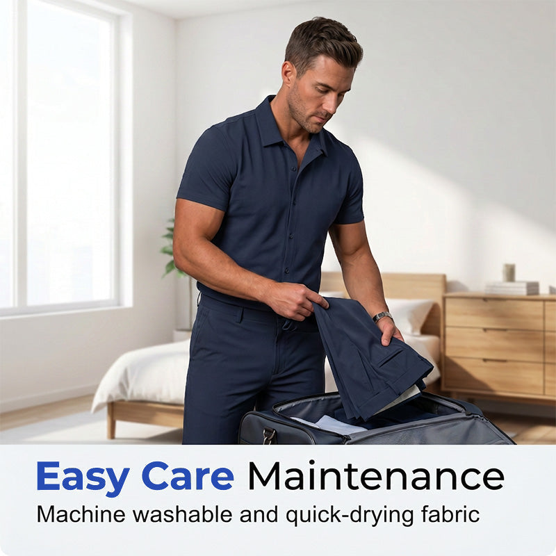 👔 LIMITIERTER 50% RABATT! Herren 2-teiliges Stretch Freizeitset – Kurzarm Poloshirt + Slim Fit Stoffhose, 4-Wege-Stretch, atmungsaktiv für Büro & Alltag