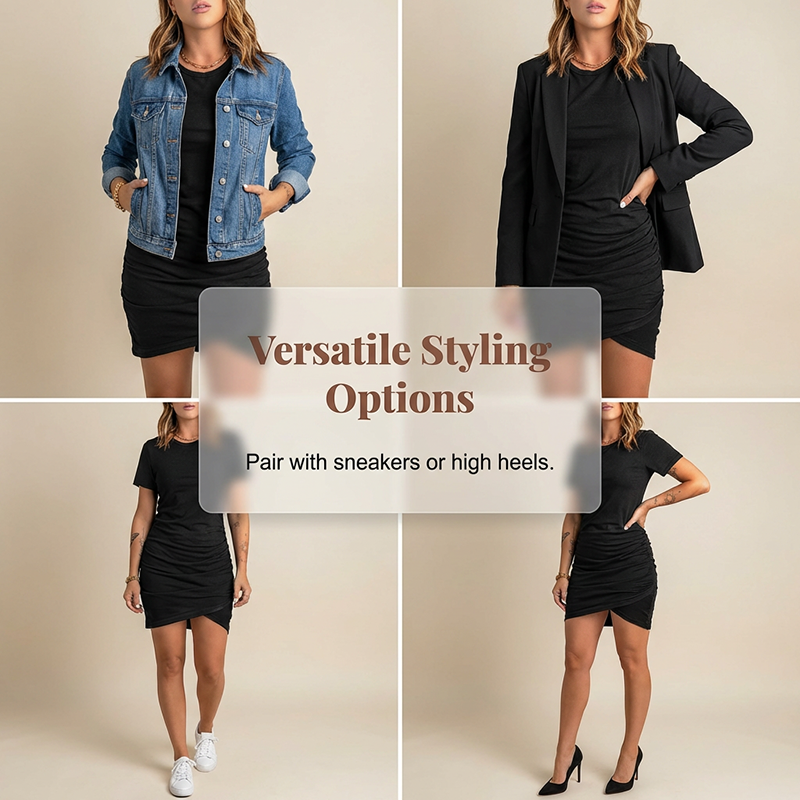 ✨ NEUE PREMIUM KOLLEKTION 50% RABATT! 👗 Damen Bodycon Midikleid mit Seitenraffung – Kurzarm Rundhals, asymmetrischer Saum für Büro, Dates & Alltag