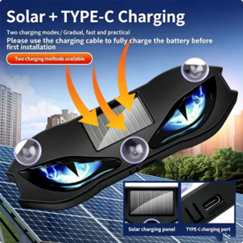 🔥 50 % RABATT FÜR BEGRENZTE ZEIT! 🚗 Solar LED Warnleuchte mit Teufelsaugen-Design – Doppelaufladung Solar + Type-C, Saugbefestigung, Bewegungssensor für Park- & Pannensicherheit