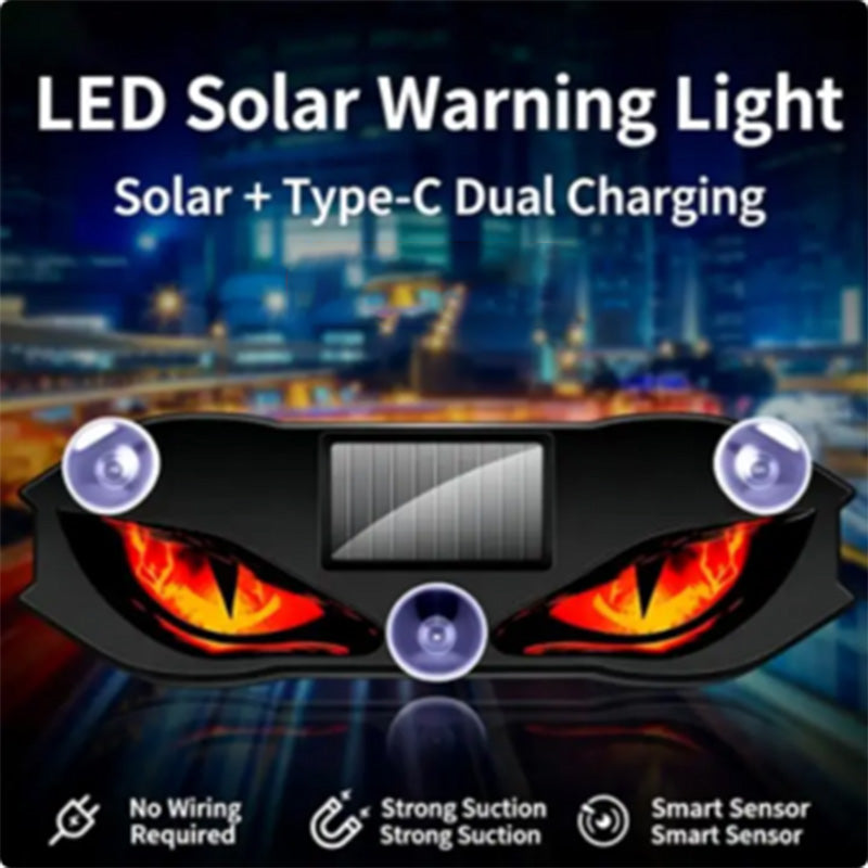 🔥 50 % RABATT FÜR BEGRENZTE ZEIT! 🚗 Solar LED Warnleuchte mit Teufelsaugen-Design – Doppelaufladung Solar + Type-C, Saugbefestigung, Bewegungssensor für Park- & Pannensicherheit