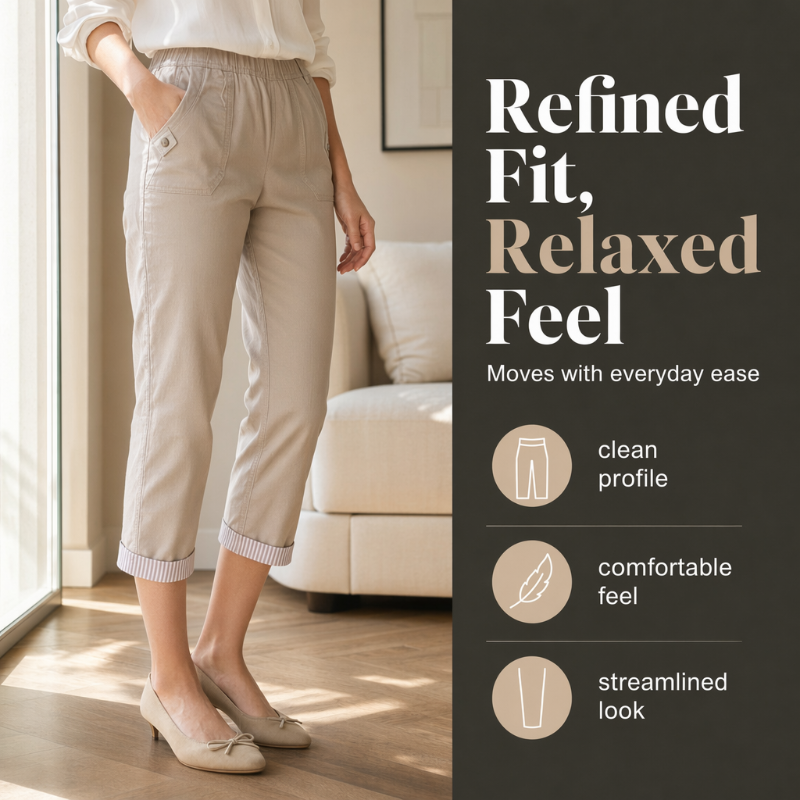 ✨ 50 % RABATT FÜR BEGRENZTE ZEIT! 👖 Damen figurformende Cropped Straight-Hose mit elastischem Taillenbund – Leichter Stoff, umklappbarer Saum mit Kontraststreifen, praktische Taschen für Alltag & Stadt