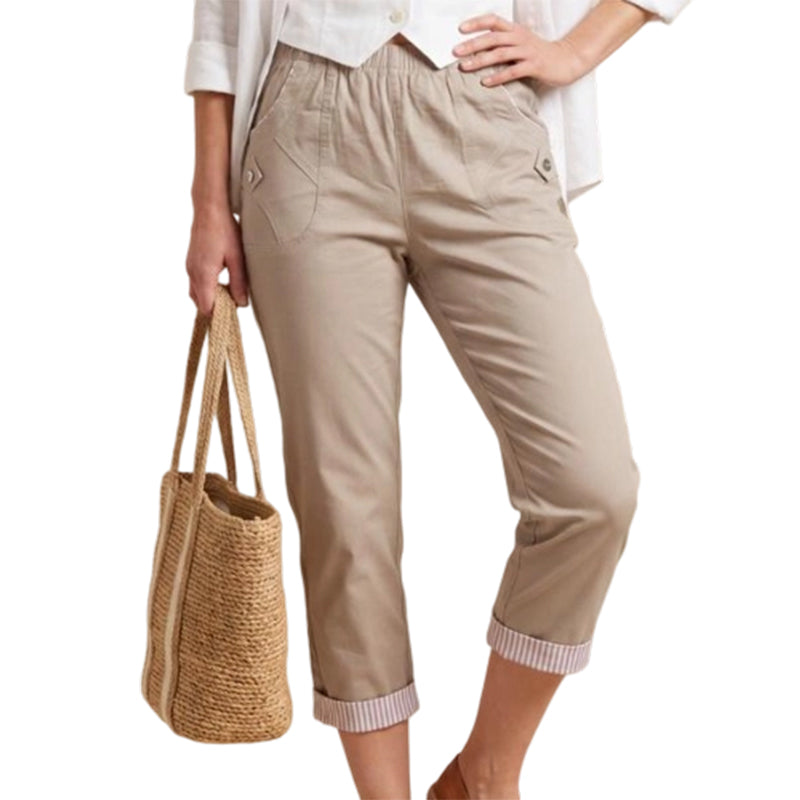 ✨ 50 % RABATT FÜR BEGRENZTE ZEIT! 👖 Damen figurformende Cropped Straight-Hose mit elastischem Taillenbund – Leichter Stoff, umklappbarer Saum mit Kontraststreifen, praktische Taschen für Alltag & Stadt