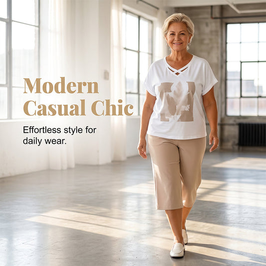 👚 LIMITIERTER 50% RABATT! Damen 2-teiliges Casual-Set für reifere Frauen – Kreuz-V-Ausschnitt Print-Shirt + 7/8 Cropped-Hose, weicher atmungsaktiver Stoff für Alltag, Yoga & Freizeit