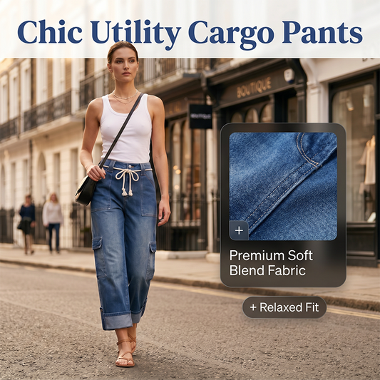 👖 LIMITIERTER 50% RABATT! Damen Utility Cargohose aus weichem Denim-Mix – Relaxed Wide-Leg Schnitt, Mehrere Taschen & Kordelbund für Alltag, Outdoor & Reisen