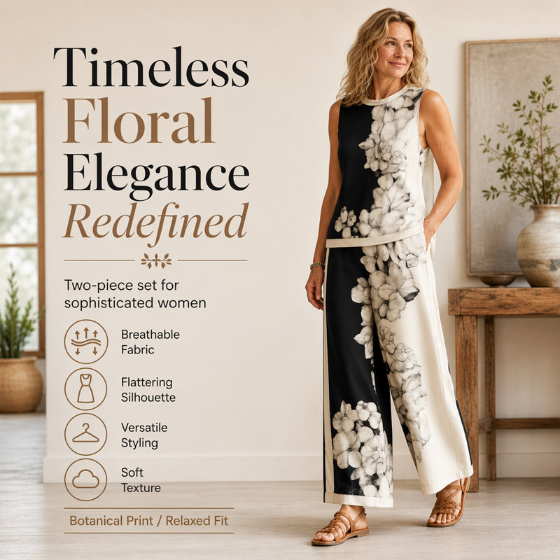 👚 LIMITIERTER 50% RABATT! Damen 2-teiliges Freizeitset mit botanischem Blumenprint – ärmelloses Top + Wide-Leg Hose, weicher atmungsaktiver Stoff, zeitloser eleganter Schnitt