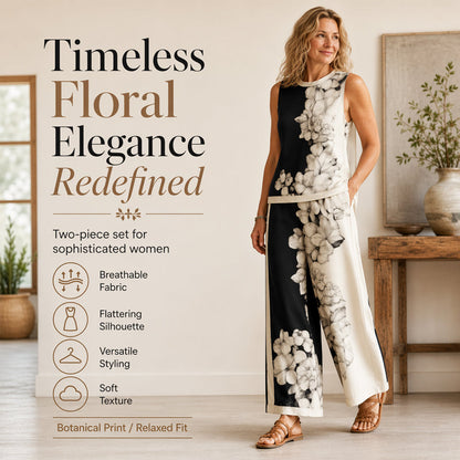 👚 LIMITIERTER 50% RABATT! Damen 2-teiliges Freizeitset mit botanischem Blumenprint – ärmelloses Top + Wide-Leg Hose, weicher atmungsaktiver Stoff, zeitloser eleganter Schnitt