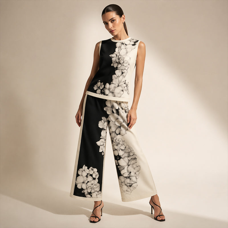 👚 LIMITIERTER 50% RABATT! Damen 2-teiliges Freizeitset mit botanischem Blumenprint – ärmelloses Top + Wide-Leg Hose, weicher atmungsaktiver Stoff, zeitloser eleganter Schnitt