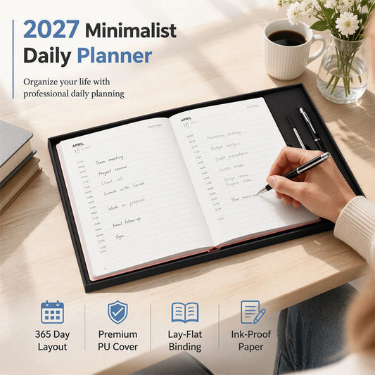 🔥✨ 2027 Minimalistisches A5 Notizbuch als Tagesplaner aus Premium PU-Leder (365 Tage)