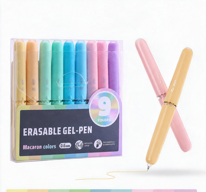 🖊️ 9-delers viskelærpenn-sett – 8 farger, jevn skriving, oppbevaringsboks. Skriv, visk ut og skriv på nytt! ✨🌈