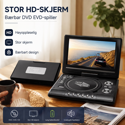 📺 Bærbar DVD-spiller med 7,8" HD-skjerm – spiller DVD, CD, USB og SD. Oppladbar, kompakt og lett – perfekt til bil, camping og filmkvelder! 🚗🍿