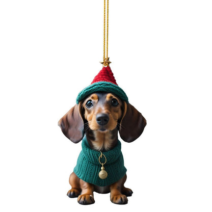 🎄 Julenisse-dachshund i akryl – knusesikker, dobbeltsidig trykk, vannavvisende. Lett og søt juletrepynt! ✨🐶