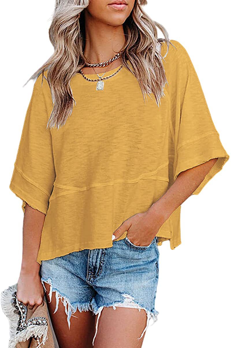 👕 LIMITIERTER 50% RABATT! Einfarbiges Patchwork-T-Shirt für Damen – Lockerer Schnitt, weite 5-Punkt Trompetenärmel, 3 Trendfarben