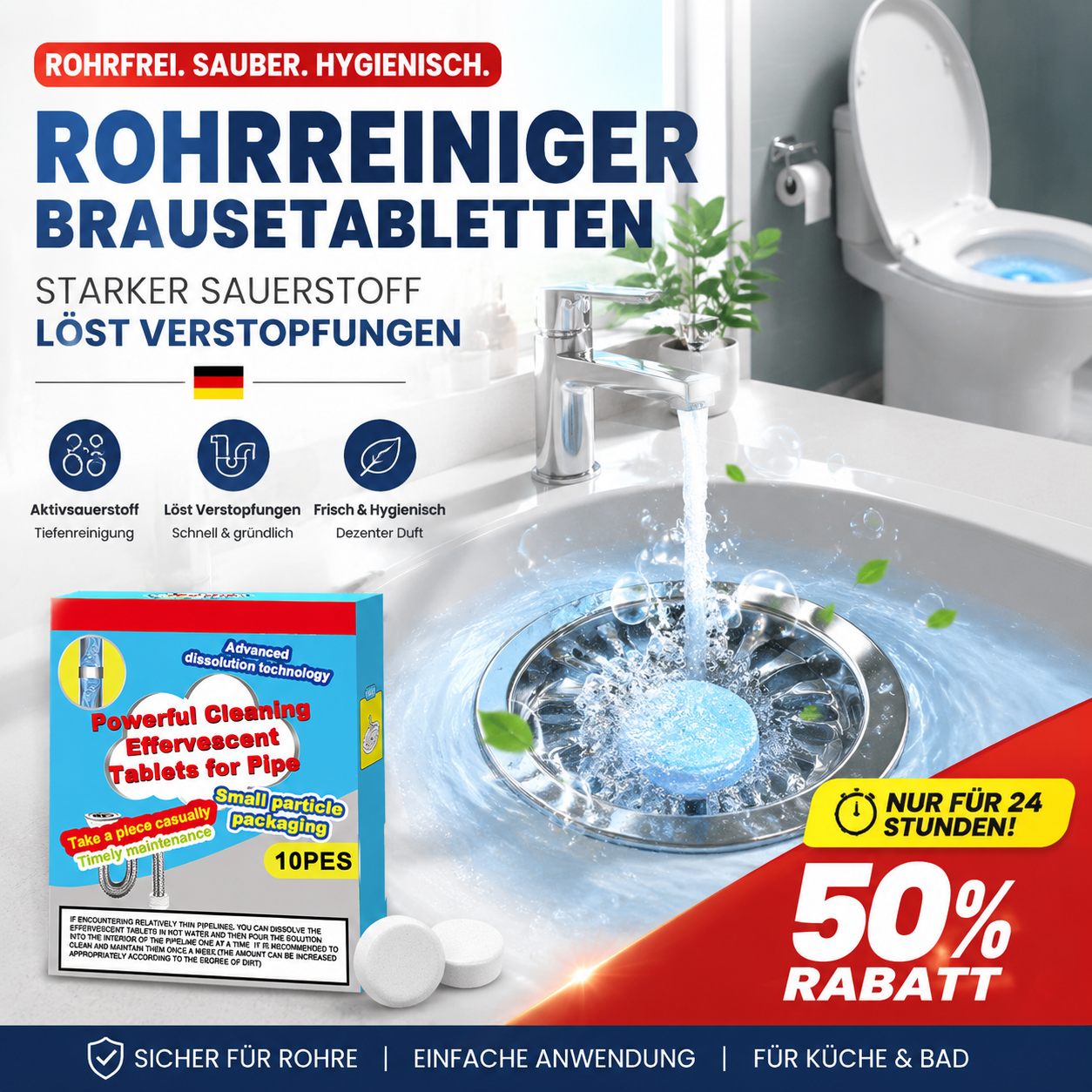 🔥50% OFF ❤️Powerful Cleaning Effervescent Tablets for Pipe, Fast Dissolve Hair Grease Clogs, Deodorizing Antibacterial Pipe Cleaner for Sink Toilet Floor Drain